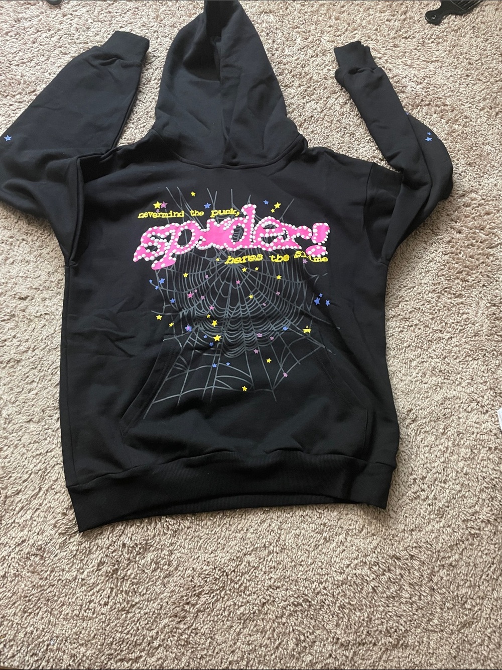 Black Graphic Spiderweb Hoodie with Pink 'spider' Text